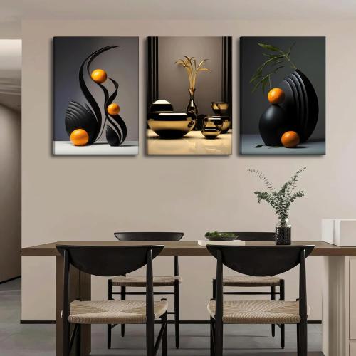 Framed Black Abstract Canvas Wall Art Three-Dimensional Sculpture Ceramic Wall Deco Pictures Modern Still Lifes orange Black Shape Posters Prints for Living Room Bedroom Bathroom Home Decoration