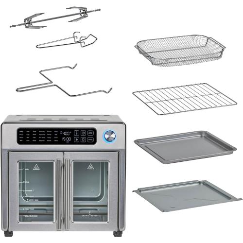 Silver Emeril Lagasse Extra Large French Door Air Fryer Toaster Oven Combo, 24 Cooking Functions and Digital Controls, 7 Accessories Included, Stainless Steel Finish, 26QT Capacity