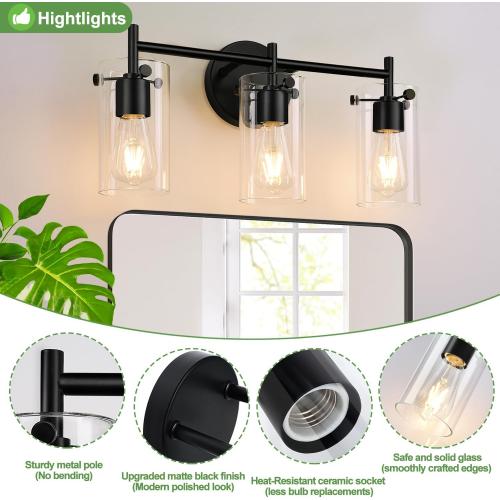 Bathroom Light Fixtures Upgrade, 3-Light Matte Black Vanity Light, Black Bathroom Lights Over Mirror with Clear Glass Shade, Wall Sconces for Mirror Bedroom Living Room Hallway