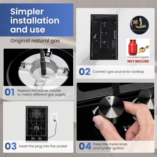 Gas Cooktop 2 Burner,12000W Built-in Gas Stove, Black Crystal Tempered Glass Propane Cooktop, 20.08x12.2 Top Propane Stove Indoor LPG/NG Dual Fuel Hob for Apartment Kitchen RV
