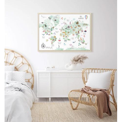 Green Kids World Map Wall Art Animal Map Canvas Art Nursery Wall Decor World Map Poster Childrens Room Decor Playroom Prints Educational Artwork 16x24 Inch framed