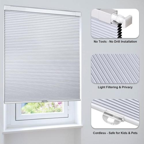 LazBlinds Cordless Cellular Shades, No Tools No Drill Blackout Honeycomb Shades Pleated Blinds for Windows, 24'' W x 48'' H, Silver White
