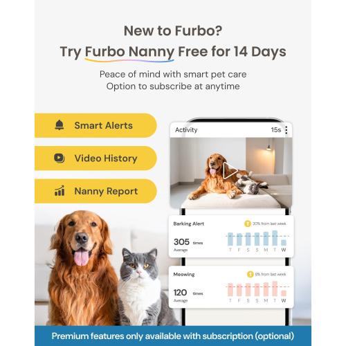 Furbo 360° Dog Camera: Pet Security Cam w/Barking Alerts, Rotating View, Treat Toss w/Phone App, Smart Home Puppy Monitoring, 2-Way Speaker, No Subscription Needed. Standard See, Talk, & Toss Features