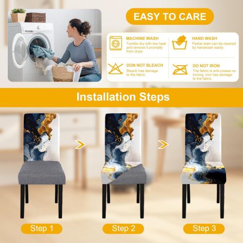 Luxury Marble Chair Covers Set of 4 – Navy Blue Gold Abstract Pattern Stretch Dining Chair Slipcovers Washable Universal Seat Protectors for Kitchen, Banquet, Party, Hotel, Home Decoration