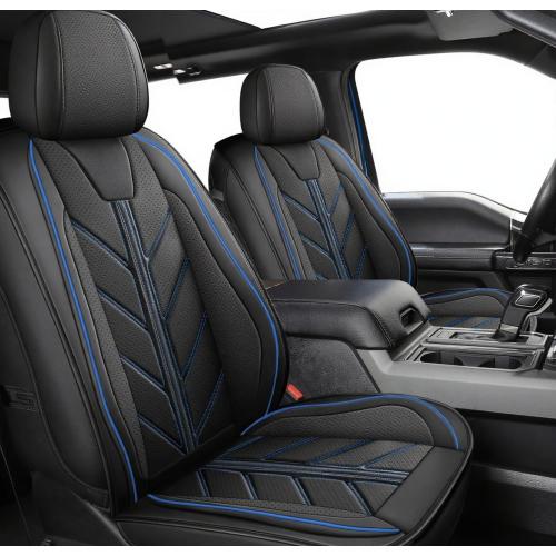 Color Black and Blue Truck Seat Covers Compatible with Ford F-150 2009-2025 XL XLT Lariat King Ranch Platinum Tremor Pickup Faux Leather Cushion Protector Fit Ford F150 Crew Cab(Black Blue, Full Set)