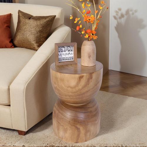 Size 15.75 Small Wooden Side Table, 15.75 H Hand Carved Rustic Tree Stump End Table, Natural Paulownia Wood Compact Round Coffee Table, Mini Indoor Outdoor Wood Stool for Living Room, Bedroom, Patio, Garden