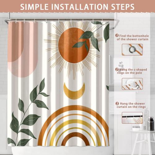 Size 72x72 Mid Century Abstract Boho Orange Aesthetic Shower Curtain Set, Spring Summer Pink Green Nature Leaf Sun Modern Minimalist Home Bathroom Curtain Decor with 12 Hooks 72x72 Inches