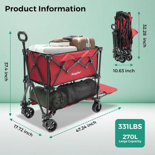 SUNNYFEEL Lightweight 47''L Double Decker Wagon for Sport, 270L Collapsible Wagon Cart,331lbs Collapsible Outdoor Utility Wagon Cart for Shopping Garden Camping,Red-Lightweight