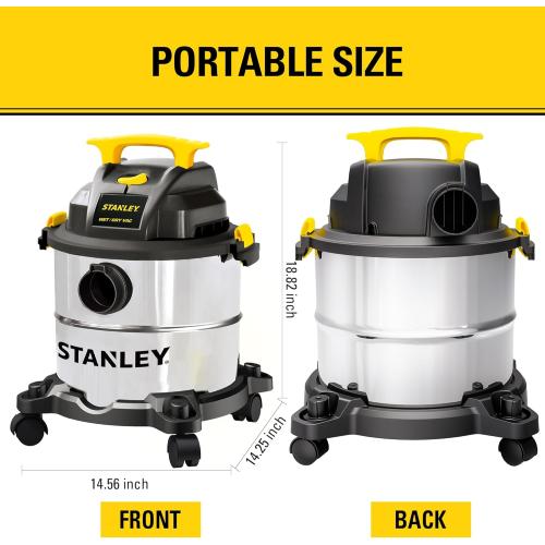 STANLEY Wet/Dry Vacuum SL18115, Stainless Steel Tank, 5 Gallon 4HP Shop Vacuum, Portable Style Ideal for Home/Shop/Jobsite Dust Collection Job with Vacuum Attachments, Silver Yellow