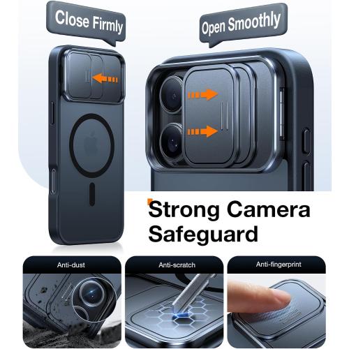 TORRAS for iPhone 16 Pro Max Case with Slide Camera Cover & Rotatable Kickstand, Magnetic Shockproof, Military Grade Drop Protection, Fit for MagSafe, Anti-Scratch & Anti-Fingerprint, Translucent Black