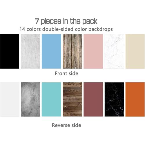 7Pcs 14Patterns Photography Background Paper with Stand, 34x23in Double-Sided Photo Tabletop Backdrops Props for Food Jewelry Cosmetics Makeup (Black White Blue) (PBP03247PCS)