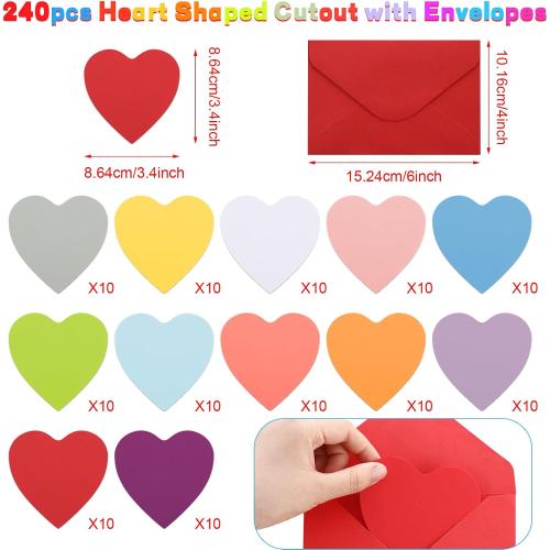 Cholemy 240 Pcs Valentines Day Heart Cards with Envelopes Blank Colorful Heart Shaped Greeting Cards Paper Cutouts for Valentines Party Gift Exchange Anniversary Weddings(Bright Colors)