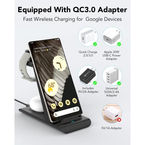 Upgraded 3 in 1 Wireless Charger for Google Pixel Watch 3/2, for Pixel 10/10 Pro/10 Pro XL/9 Pro/9/Fold/8,Buds Pro 2/Pro,Wireless Charging Station for Multiple Devices (Not for Google Watch 4/1)
