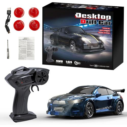 1:64 Scale Mini RC Drift Car, 2.4GHz 4WD Full Proportional Model Vehicle with LED Lights, Racing Sport Toy for Adults Boys Girls Kids (Blue)