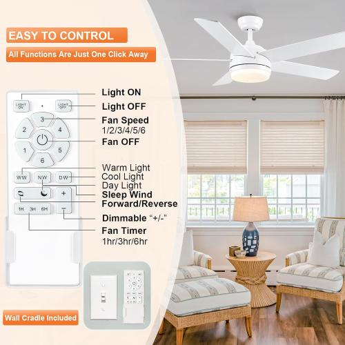 YUHAO 52 Inch White Ceiling Fan with Light and Remote Control.Noiseless,Dimmable,3CCT,6 Speeds Reversible, DC Ceiling Fans for Indoor or Covered Outdoor Use.ETL Listed may have missing accessories