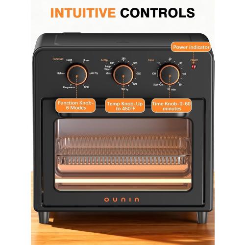 OUNIN Air Fryer Toaster Oven with Steam Infusion, 12 QT Compact Countertop Oven, 6-in-1 Stainless Steel Combo Bakes, Broils, Grills & Warms, Fast Preheat, 60-Minute Timer – Small Kitchen Friendly