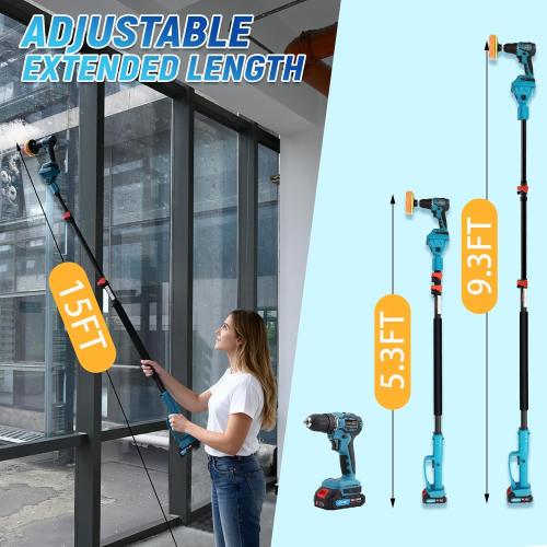(Missing drill bit) 2-in-1 Cordless Telescoping Pole Drill, 20V Max Power Drill Cleaning Tool with 2 Batteries & 2.0A Charger, 5.3-15FT 180° Adjustable Extension Pole, Comes with 7 Pieces Drill Brush Attachments