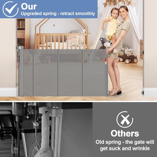 BLACK Reinforced Retractable Dog Gate with Support Strip 60 Wide Retractable Outdoor Gate for Decks Mesh Dog Gate Retractable Indoor Retractable Pet Gate for Dogs Retractable Mesh Gate Retractable Cat Gate