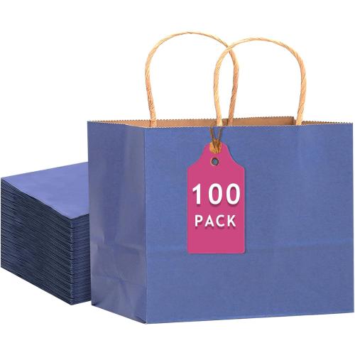 qiqee 100PCS Large Gift Bag with Handles Bulk 13x4.5x10 Gift Bags Kraft Deep Blue Multiple Uses (32x11x25cm,Wide Large)