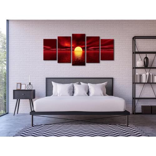 Wieco Art Red Sun Canvas Prints Wall Art Ocean Sea Beach Pictures Paintings Ready to Hang for Living Room Bedroom Home Decorations Modern 5 Piece Stretched and Framed Grace Landscape Giclee Artwork