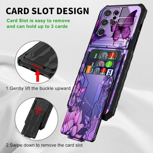 for Samsung Galaxy S24 Ultra Case Wallet Case with Credit Card Holder & Kickstand Dual Layer Hard PC Soft TPU Protective Cover for Galaxy S24 Ultra 6.8 inch - Pink Flowers Purple Butterflies