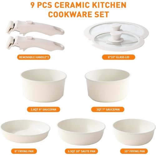 Ceramic Cookware Set 9 Pcs Pots and Pans Set with Detachable Handles Cooking Pan Saucepan Set Skillet Healthy Induction Cookware Oven Safe Dishwasher RV Kitchen Cream