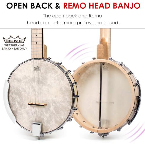 AKLOT 5 String Banjos Full Size Open Back Banjo Adjustable Maple Body Remo Head with 2 Tuning Wrench, 4 Picks, Strings, Tuner, Strap Ruler, Cleaning Cloth, Gig Bag for New Beginner Professional