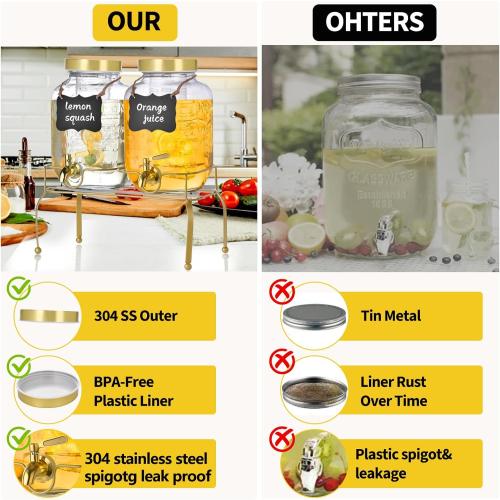Set of 2 Size 1 Gallon Glass Drink Dispenser Set of 2 – Drink Dispensers for Parties, Christmas, Beverage Dispenser with Stand & 100% Leakproof Spigot, Ideal for Lemonade, Juice, Laundry Detergent Dispenser