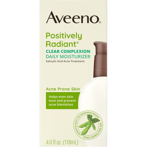 Aveeno Positively Radiant Clear Complexion Face Moisturizer, Acne Facial Moisturizer with Soy and Salicylic Acid for Oily Skin, Hypoallergenic Formula, Paraben-Free, Non-Comedogenic, Pump, 4 FL OZ