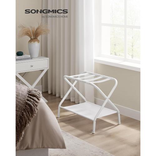 Set of 2 Size 27.2 x 15 x 20.5 Color White  SONGMICS Luggage Racks, Set of 2, Suitcase Stand with Fabric Storage Shelf, for Guest Room, Bedroom, Hotel, Foldable, Holds up to 110 lb, 27.2 x 15 x 20.5 Inches, Cloud White RLR002W02