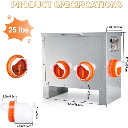 Automatic Chicken Feeder No Waste Large Capacity 25lbs 4-Ports Metal Poultry Feeder with Pull Handle for Chickens Geese Ducks Poultry Coop Weatherproof Design (25lb with 4 Ports)