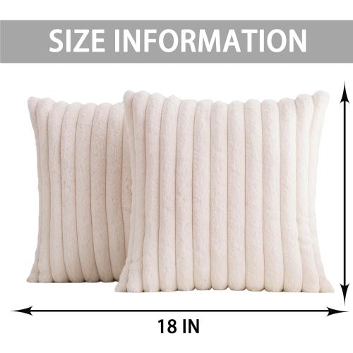 Pack of 2 Faux Fur Christmas Throw Pillow Covers 18x18 Inch, Soft Plush Striped Neutral Couch Pillow Cover, with Velvet Back Modern Home Decor for Sofa Living Room Couch Bed Cream White