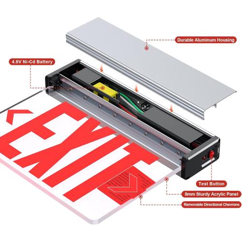 Red Led Edge Lit Exit Sign UL Listed, Brushed Aluminum Housing Double-Sides Mirrored Acrylic Emergency Exit Signs with Battery Backup, AC 120-347V Hardwired Exit Lights, Top/Side/Wall Mount (1 Pack)
