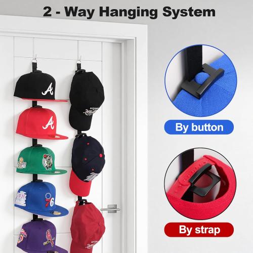 Hat Rack for Door - Two-Way Hanging Caps with Display Hooks and Hanger, Hat Organizer for Baseball Caps, Over the Door Hat Storage Organizer for Bedroom, Entrance or Garage Doors - 1 Pack *** Silver***