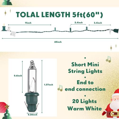 Mini Christmas Lights String Warm White Vintage Short Strand String Lights, Clear Bulbs Wire Fit Light up Christmas Decorations(20 Bulbs Connectable,5ft,Green)