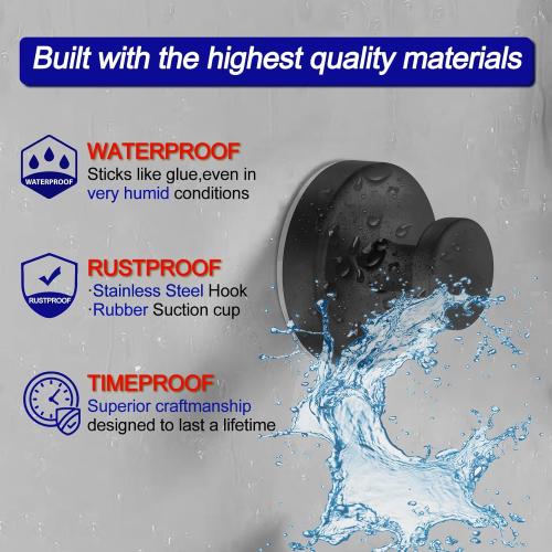 Suction Cup Hooks for Shower, Removable Towel Hooks for Bathroom Window Glass Door Wall, Bath Robe Looafh Wreath Hook for Hanging - 2 Pack, Black