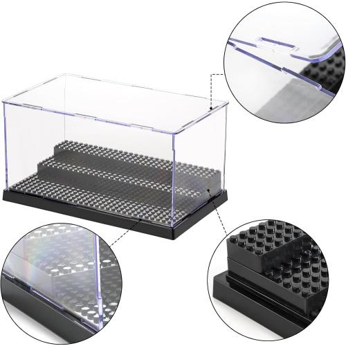 ZEAYEA 2 Pack Display Case for Minifigure Action Figures Blocks, Acrylic Display Box Storage with 3 Movable Steps, Dustproof Showcase for Collection Bricks Blocks Models Minifigures Building, Black
