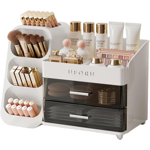 Color White Makeup Organizer for Vanity with Brush Holder, Countertop Organizer with 2 Drawers, Spacious Cosmetic Display Case for Beauty Essential, Skincare, Lipstick