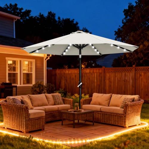 ABCCANOPY Durable Solar Led Patio Umbrellas with 32LED Lights 9FT (Light Beige) | Fade & UV Resistant Fabric,8 Heavy-Duty Ribs,Waterproof，Wind Vent Top,Crank & 45° Tilt,Ideal for Patio,Backyard,Garden
