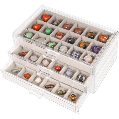 Acrylic Rock Display Case,54 Grids Rock Collection Box for Kids with Mini Magnifying Glass and Gloves, Clear Display Cases for Stones Collectibles Gemstone Crystals Storage Boxes