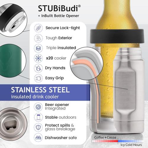 OAKMANN Stainless Steel Beer Cooler With Bottle Opener, Vacuum Insulated Can Cooler 12 oz for Bottles Cans, 4-in-1 Universal Insulator Coozy for Bottles Cans, Best Gifts for Beer Lovers (Green)