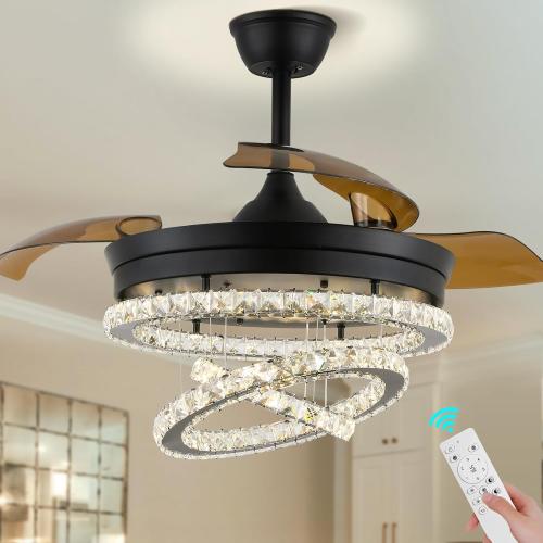 42 Black Dimmable LED Fandeliers Crystal Chandelier Ceiling Fan with Lights Modern Invisible Crystal Fan 3 LED Color Change with Memory Function