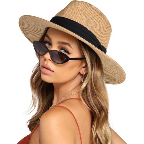 Womens Mens Wide Brim Straw Panama Hat Fedora Summer Beach Sun Hats UPF Straw Hat for Women