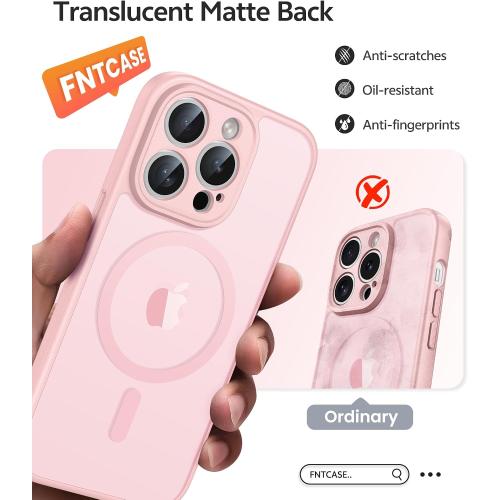 FNTCASE for iPhone 14 Pro Max Case: [Compatible with Magsafe] Translucent Matte Cases with [Full Camera Protection] [Screen Protector] Military Grade Shockproof Protective Phone Cover - Light Pink