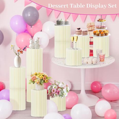 Cecnamt Cylinder Stands for Party,5 Pcs Paper Cylinder Pedestal Stand with Acrylic Disc Foldable Round Pillars Pedestal Cake Stands for Wedding Party Decor