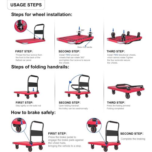 WUD Foldable Hand-Push Platform Truck with Brake, 360-Degree Swivel Wheels, 35.4”L x 23.6”W, 880 lb Load Capacity, Suitable for Luggage, Travel, Moving, Shopping, Office, Home Garden, Magenta