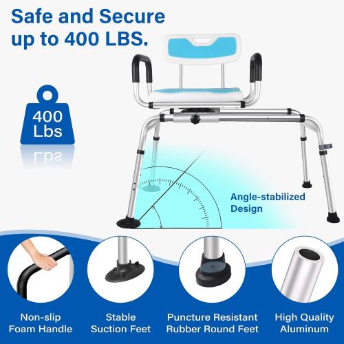 Sliding Shower Chair,Height Adjustable Tub Transfer Bench,360° Shower Swivel Seat,Bath and Shower Safety Seating with Handles for Seniors&Handicap,400Lb Capacity