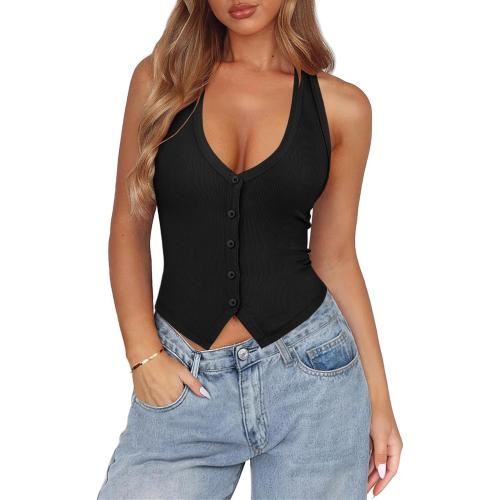 Size large Womens Button Down Tank Top for Women Ribbed Button Up Halter Fitted Vest Summer Sexy Trendy Cute Crop Going Out Tops