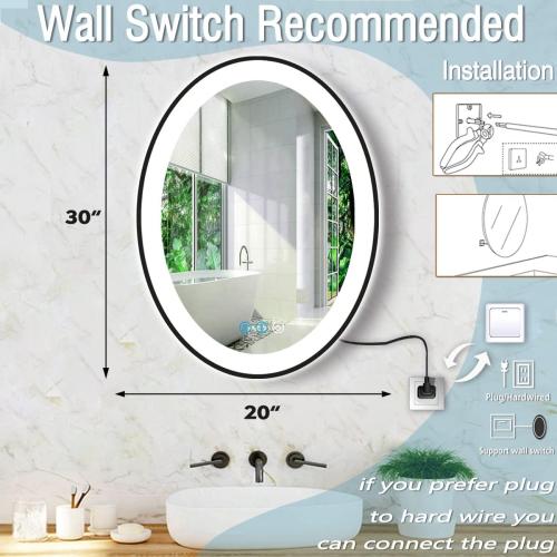 30 x 20 Inch Oval Black Frame LED Vanity Mirror for Bathroom Wall Black Oval Lighted Vanity Mirror Anti Fog LED Bathroom Mirror with Lights 3 Color Dimmable LED Vanity Makeup Smart Mirrors