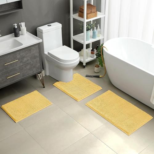 HOMEIDEAS 3 Pieces Bathroom Rugs, Ultra Soft Non Slip Absorbent Chenille Toilet Bath Mat Set (Yellow)